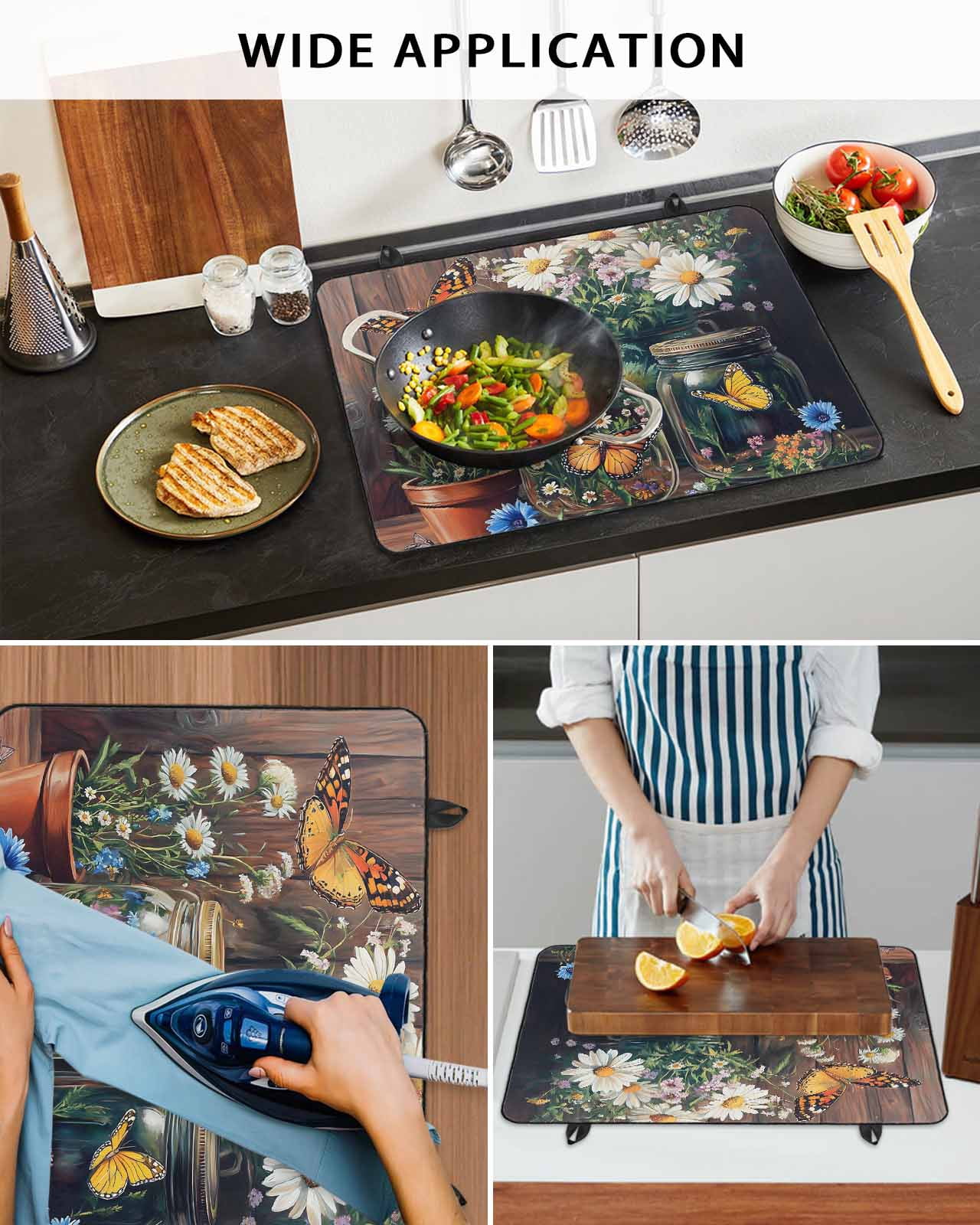 nqOlkjepod Large Induction Cooktop Protector Mat 36"x21", Butterfly Floral Stove Top Covers for Electric Stove, Country Daisy Wildflower Brown Barn Door Stove Burner Cover Mats Stove Cover