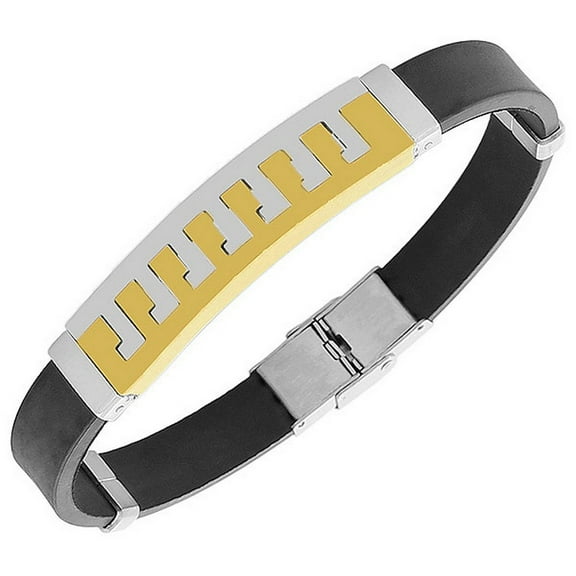 Stainless Steel Black Rubber Silicone Silver Yellow Gold-Tone Mens  Bracelet
