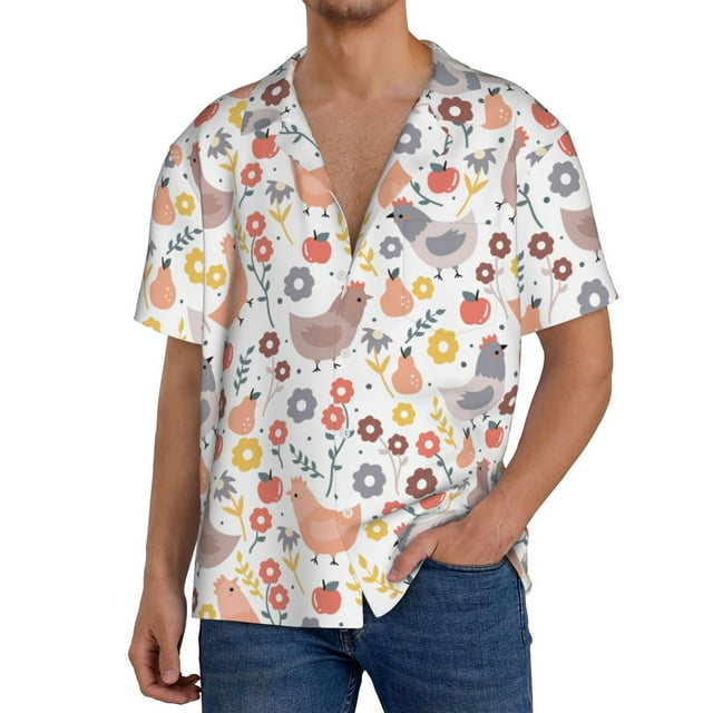 Xecao Funny Chicken Pattern Men's Short-Sleeve Cuban Collar Button-Down Shirt with Chest Pocket Lightweight Tropical Vacation Shirt-Small