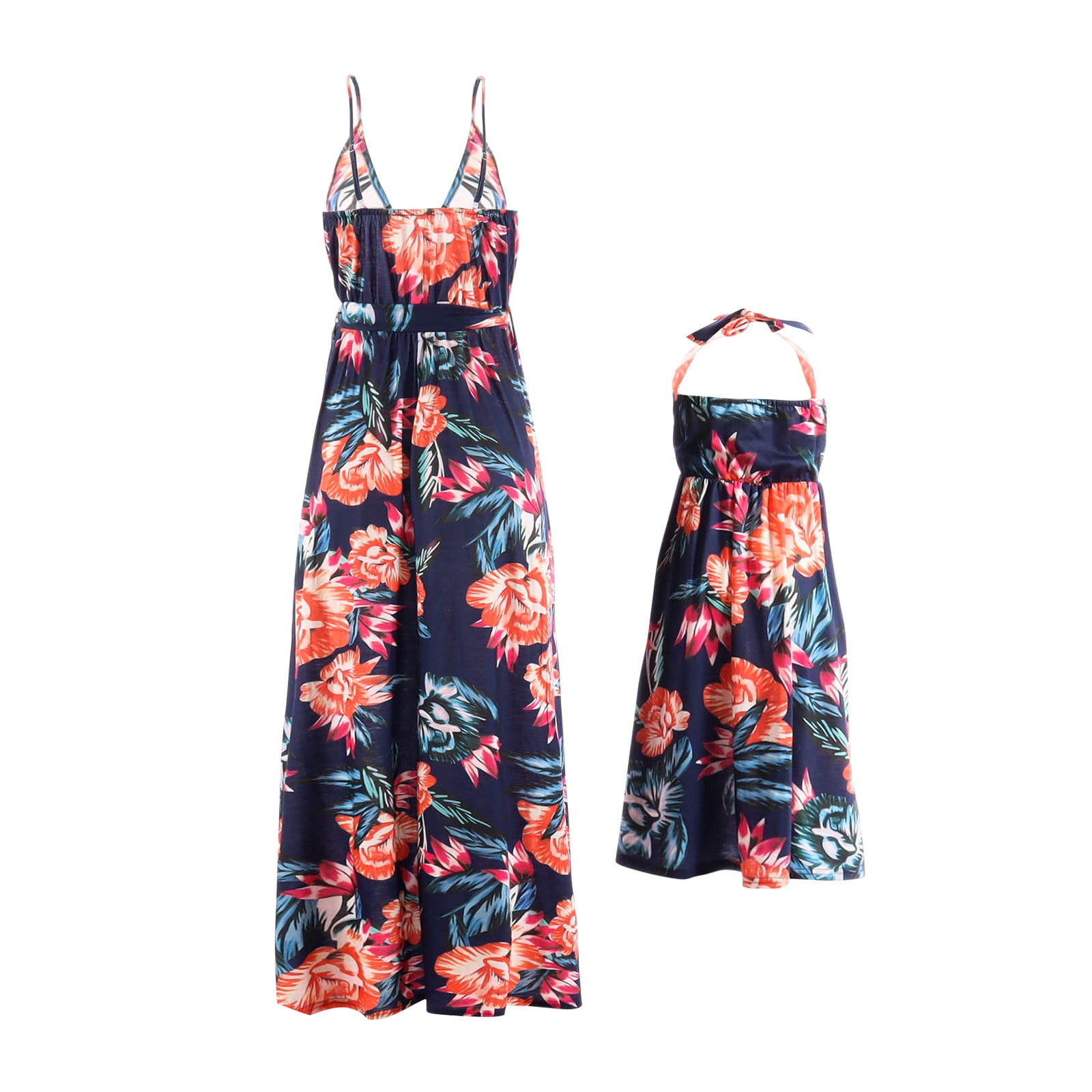 TopLLC Mommy and Me Dresses Summer Floral Hawaiian Dresses Print Cold Shoulder Ruffle Spaghetti Straps V neck Beach Midi Dress Parent Child Wear Dress Walmart