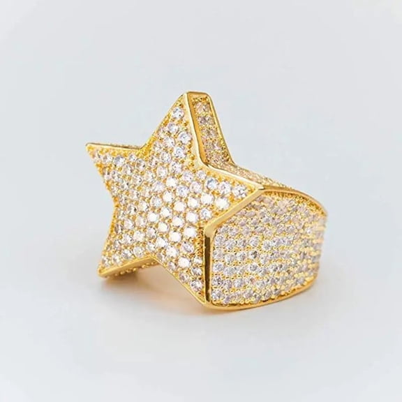 Milangirl New Hip Hop Rock Five Star 14K Yellow Gold Rings Men Luxury Golden Silver Color Rhinestones Zircon Pentagram Rings Women Wedding Party