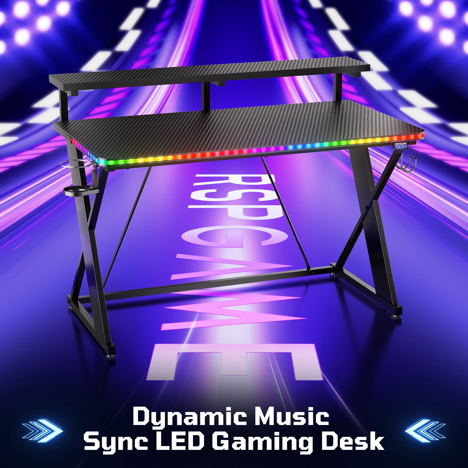RSPGAME 43" Music Sync LED Gaming Desk,X-Shape Ergonomic Monitor Stand Gamer Table,PC Desk with Dynamic Lighting,Color Changing Office Desks,Black Racing