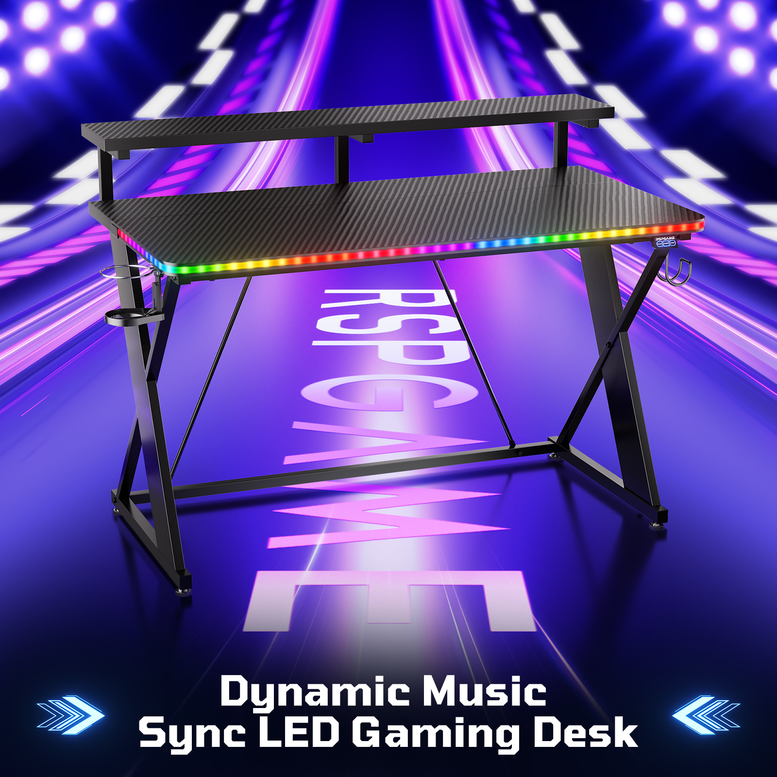 RSPGAME 43" Music Sync LED Gaming Desk, Black photo 8