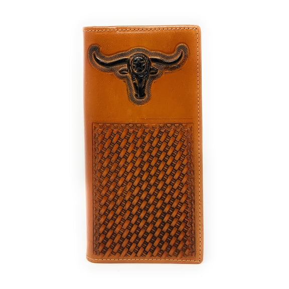Western Men's Laser Cut Genuine Leather Longhorn Long Bifold Wallet