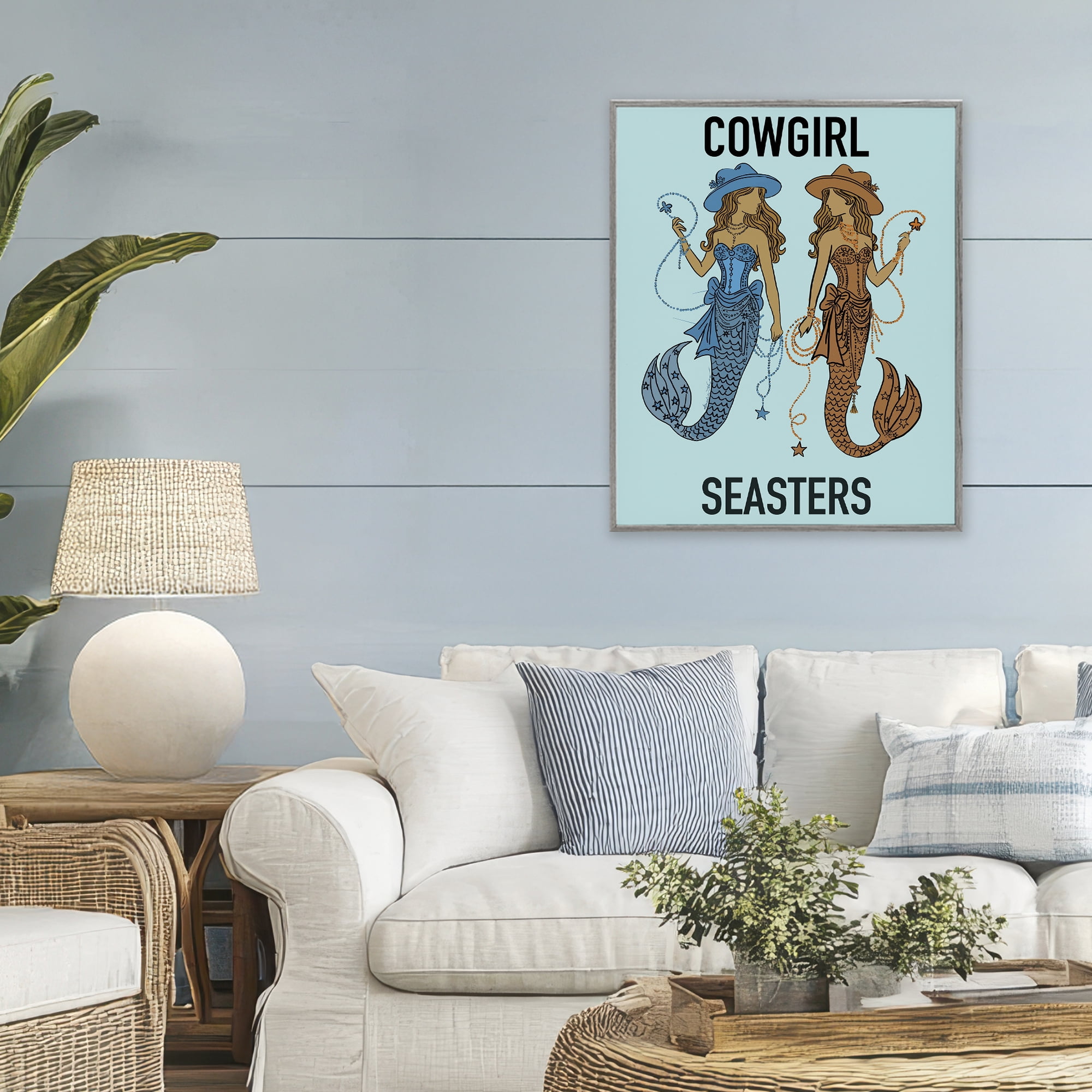 Cowgirl Seasters Mermaid Friendship Gray Framed Giclee Art, design by Amelia Noyes