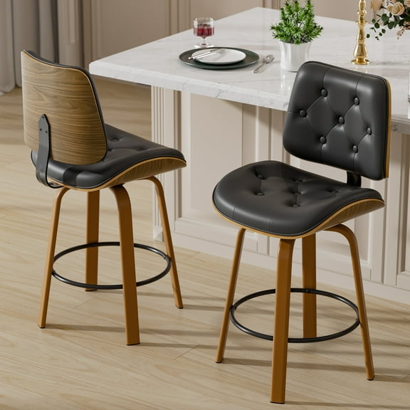 HomeZeer Swivel Bar Stools Set of 2, 26" Counter Height Stools with Bentwood Back & Footrest, PU Leather Upholstered Mid Century Modern Stool with Metal Legs for Kitchen Island, Black
