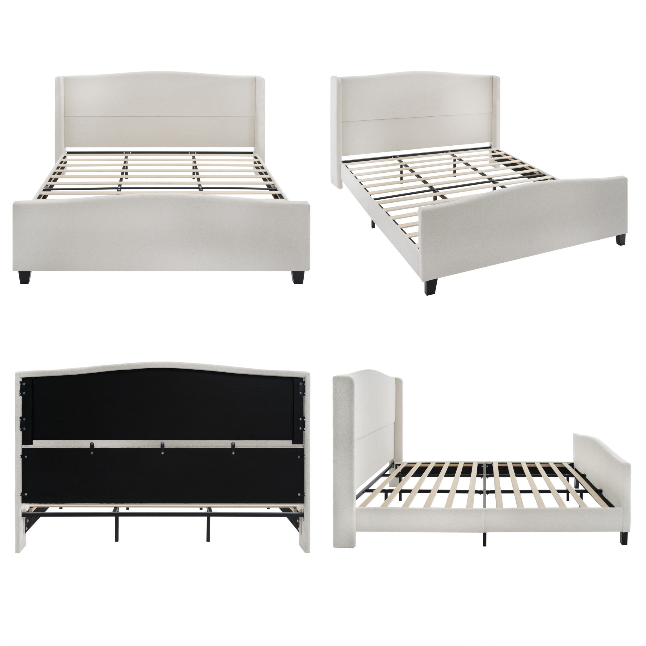 Noble House Diane king Size Upholstered Bed Frame, Teddy Velvet Headboard with Solid Wood Legs, Minimal Design, White