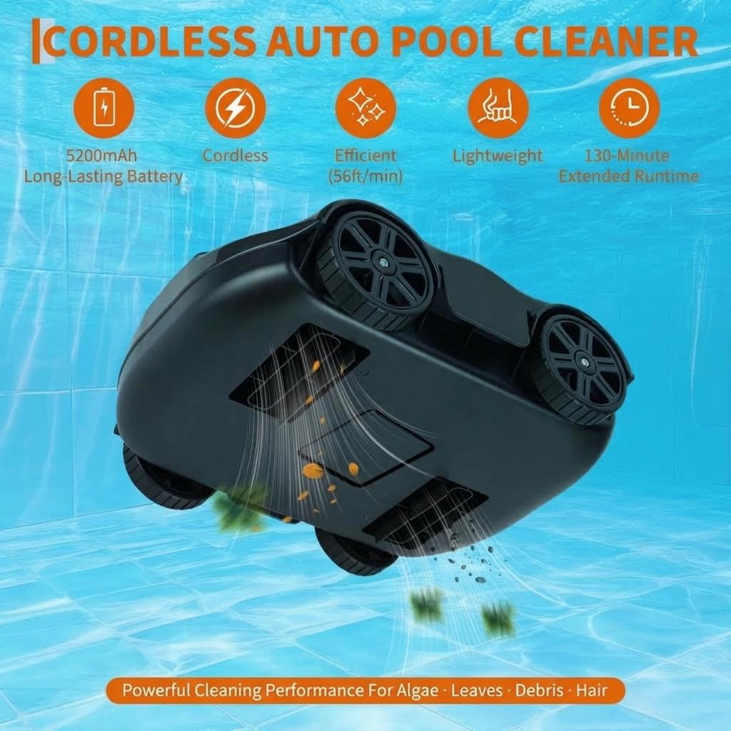 Automatic Robotic Pool Vacuum, Electric Pool Cleaning Robot with Remote Control, Debris Removal System, Black