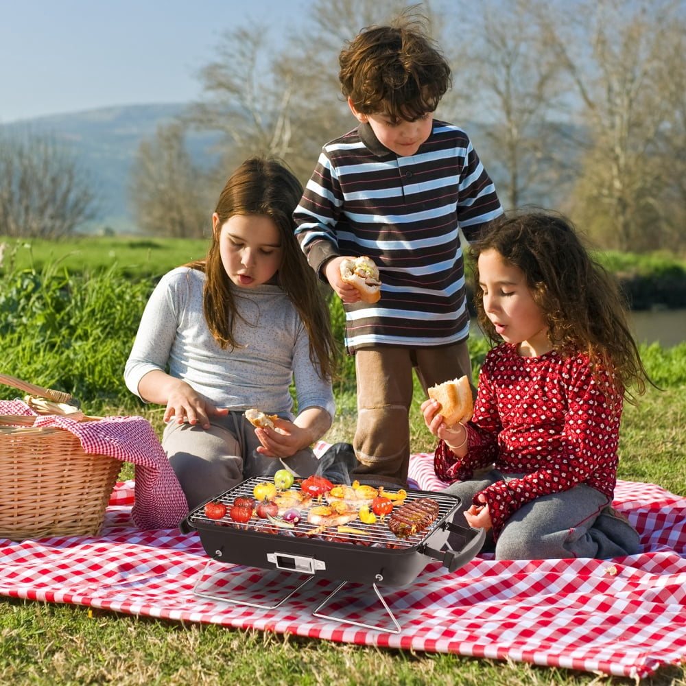 Portable Charcoal Grill Tabletop BBQ Smoker Small Camping Picnic Beach Backyard Enamel Body Chrome Plated Rack 21in Thermometer Air Vents Outdoor Barbecue Cooking Lightweight Easy Clean Use Best