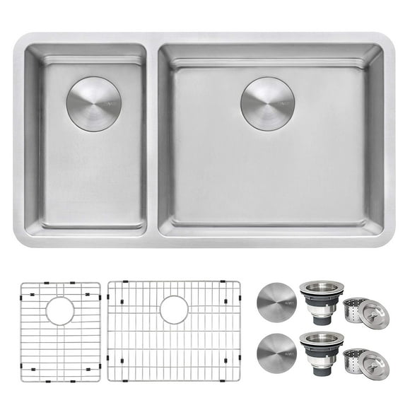 Ruvati 32-inch Undermount Kitchen Sink - 30/70 Double Bowl Kitchen Sink - 16 Gauge Stainless Steel Kitchen Sink with Brushed Finish hides scratches, Easy-to-Clean Undermount Sink - RVM5307