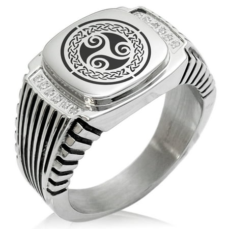 Triple Knot - Stainless Steel Celtic Triskele Triskelion Triple Knot CZ Ribbed Needle Stripe Pattern Biker Style Polished Ring