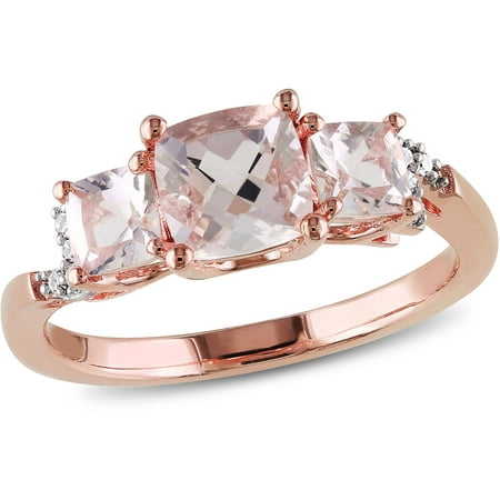 1-2/5 Carat T.G.W. Morganite and Diamond-Accent Rose Rhodium-Plated Sterling Silver Three Stone Ring