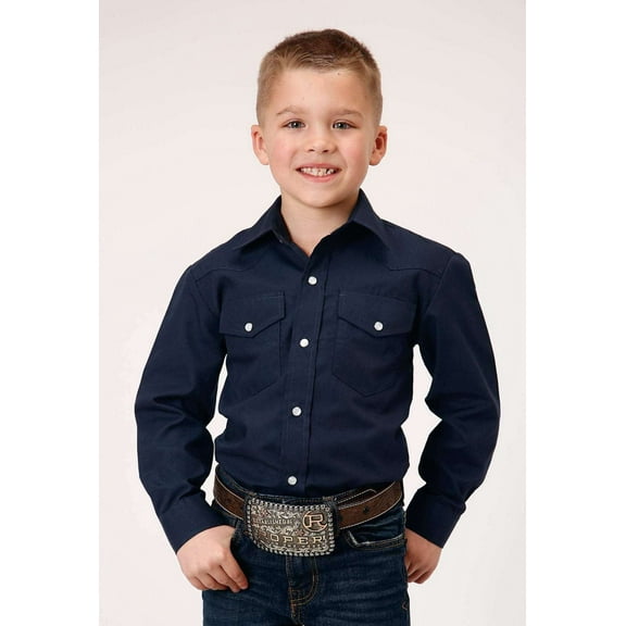 Roper Boys Long Sleeve Snap Solid Broadcloth Navy Western Shirt