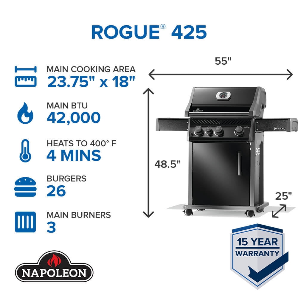 Napoleon Rogue 425 3-Burner Natural Gas Grill in Black with Cast Iron Cooking Grids and Range Side Burner