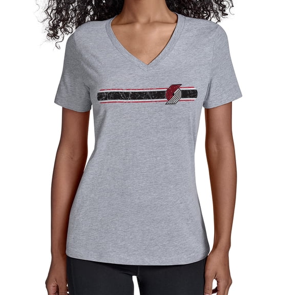 Women's Starter Gray Portland Trail Blazers Team Stripe V-Neck T-Shirt