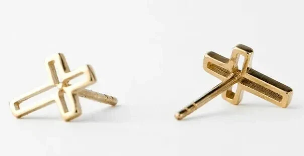 Men's Women's Small Cross Push Back Stud Earring 925 Sterling Silver 14K Yellow Gold Plated
