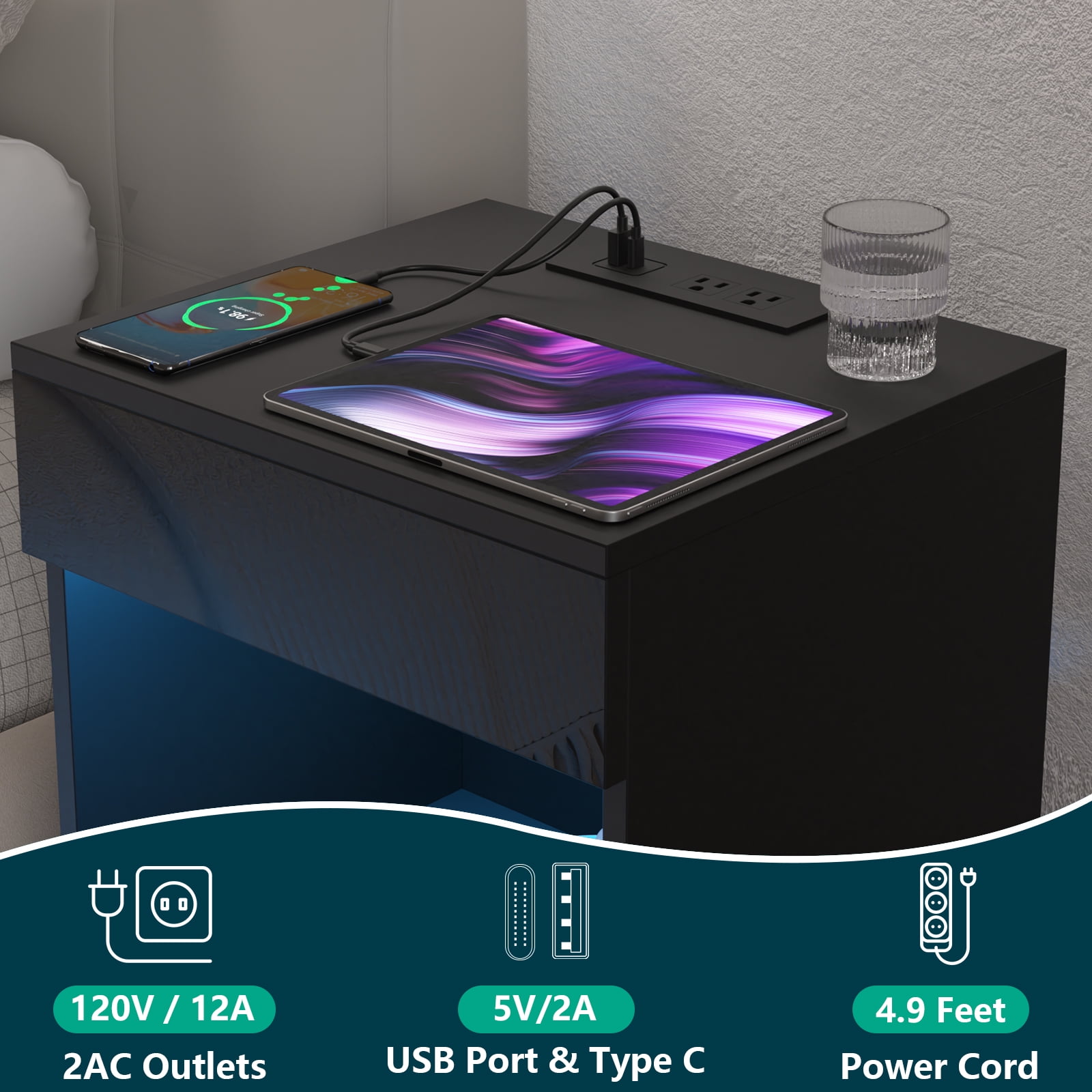 Hommpa Nightstand with Charging Station Nightstands with 2 Drawer Open Shelf Nightstands Black Nightstands High Gloss LED End Table Nightstands for Bedroom Living Room Furniture 23.6" Tall