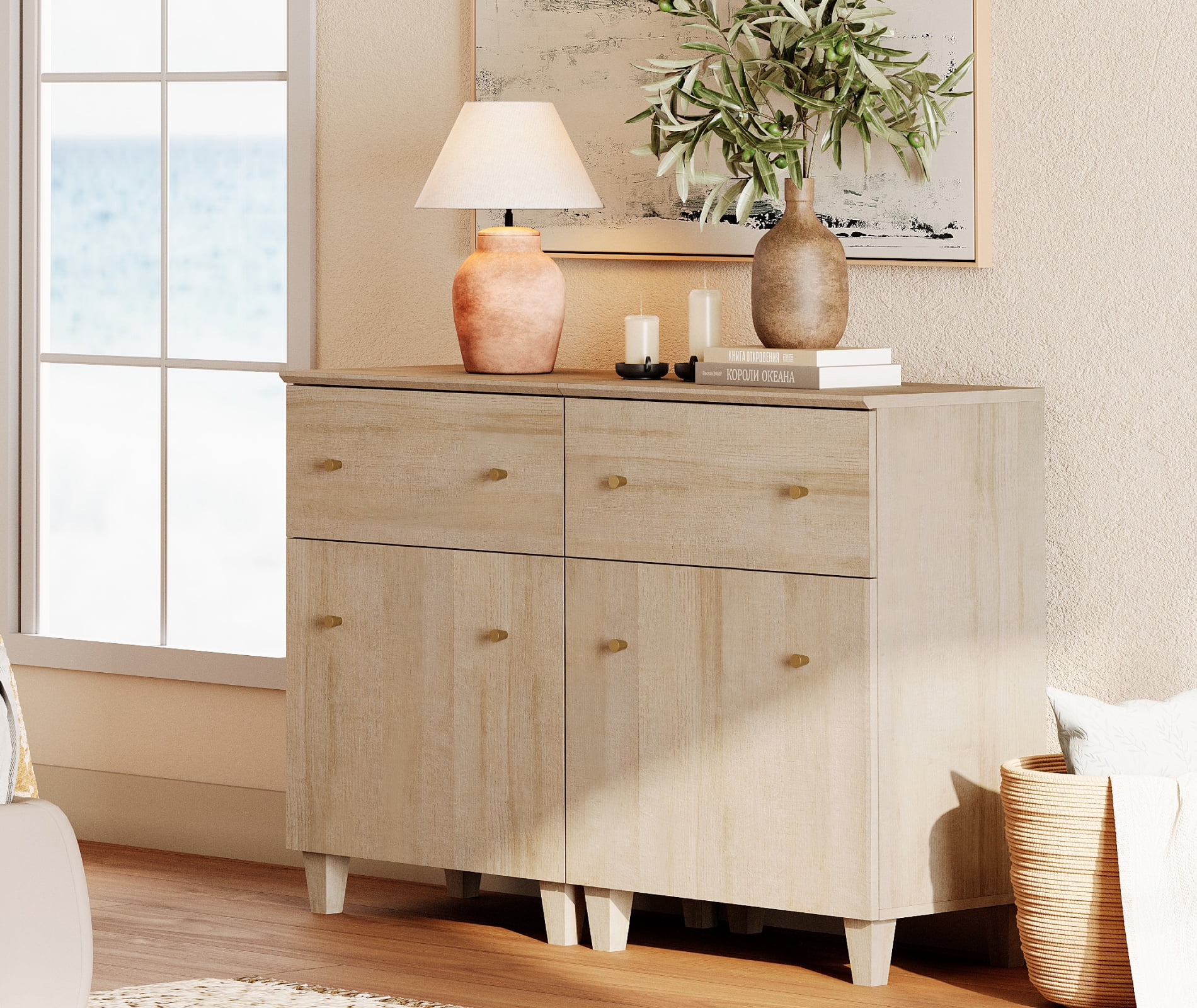 WAMPAT 2-in-1 Wood Dresser with 2 Drawers and 2 Cabinets for Bedroom, Modern Chest of Drawers, 47" Wide, Light Oak Wood Finish
