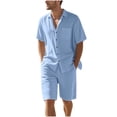 thumbnail image 3 of Men's 2 Piece Linen Shorts Set Cotton Beach Outfit Collar Short Sleeve Button Down Casual Shirt With Drawstring Elastic Waist Pants Summer Vacation Travel | Zenithor,Light Blue L, 3 of 6