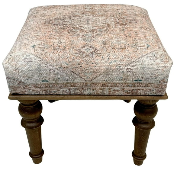 Boho Rug Upholstered Ottoman – Handmade Wood Footrest Pouf, Decorative Farmhouse Entryway Footstool