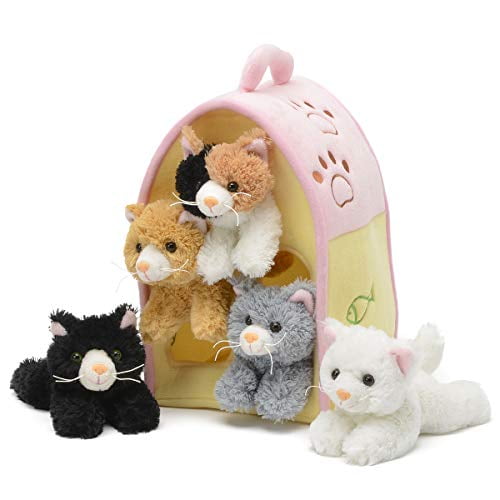 Plush Cat House with Cats - Five (5) Stuffed Animal Cats in Play Kitten House Carrying Case