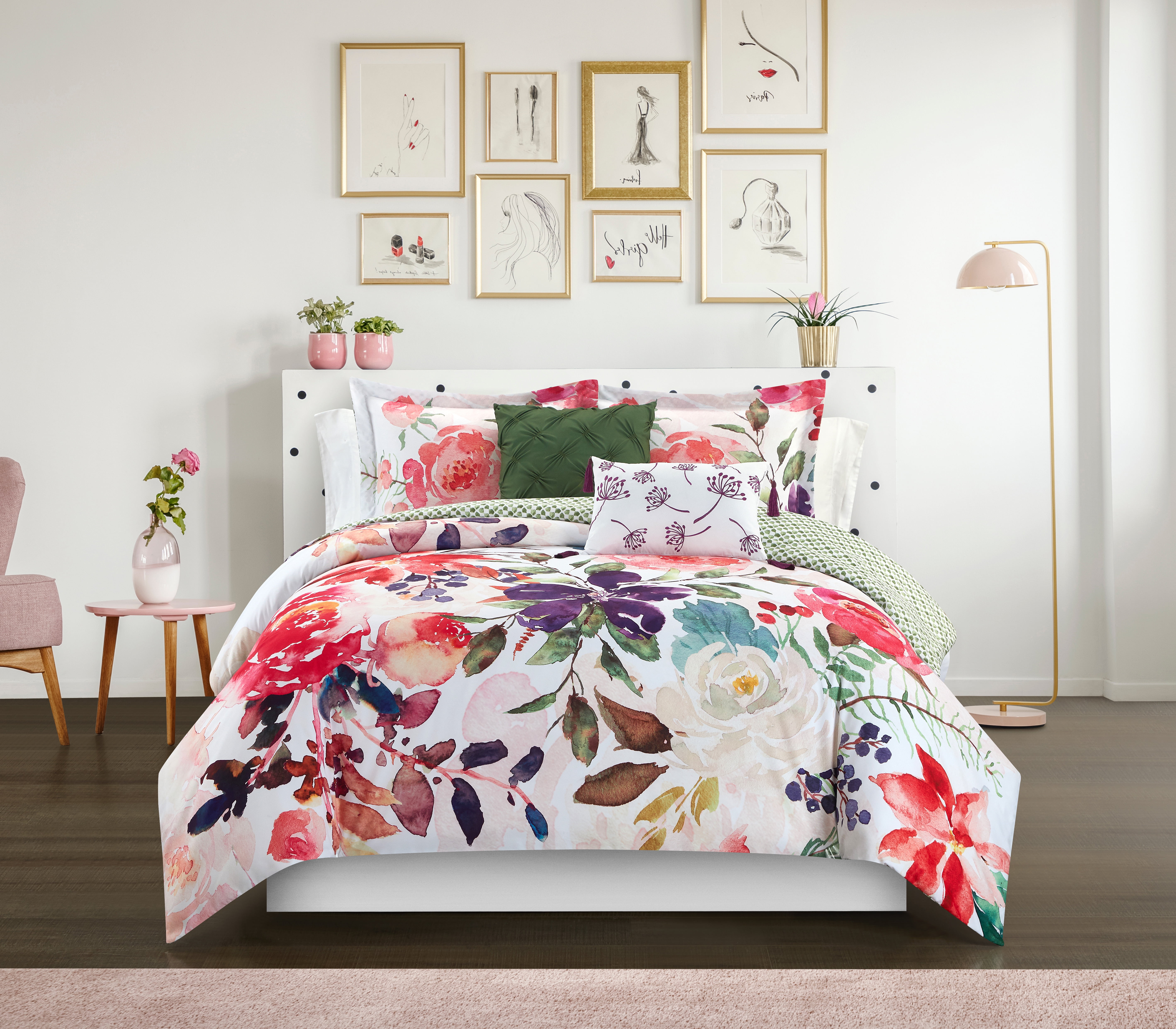 Chic Home Modern Floral 9 Piece Comforter Sets, Queen 