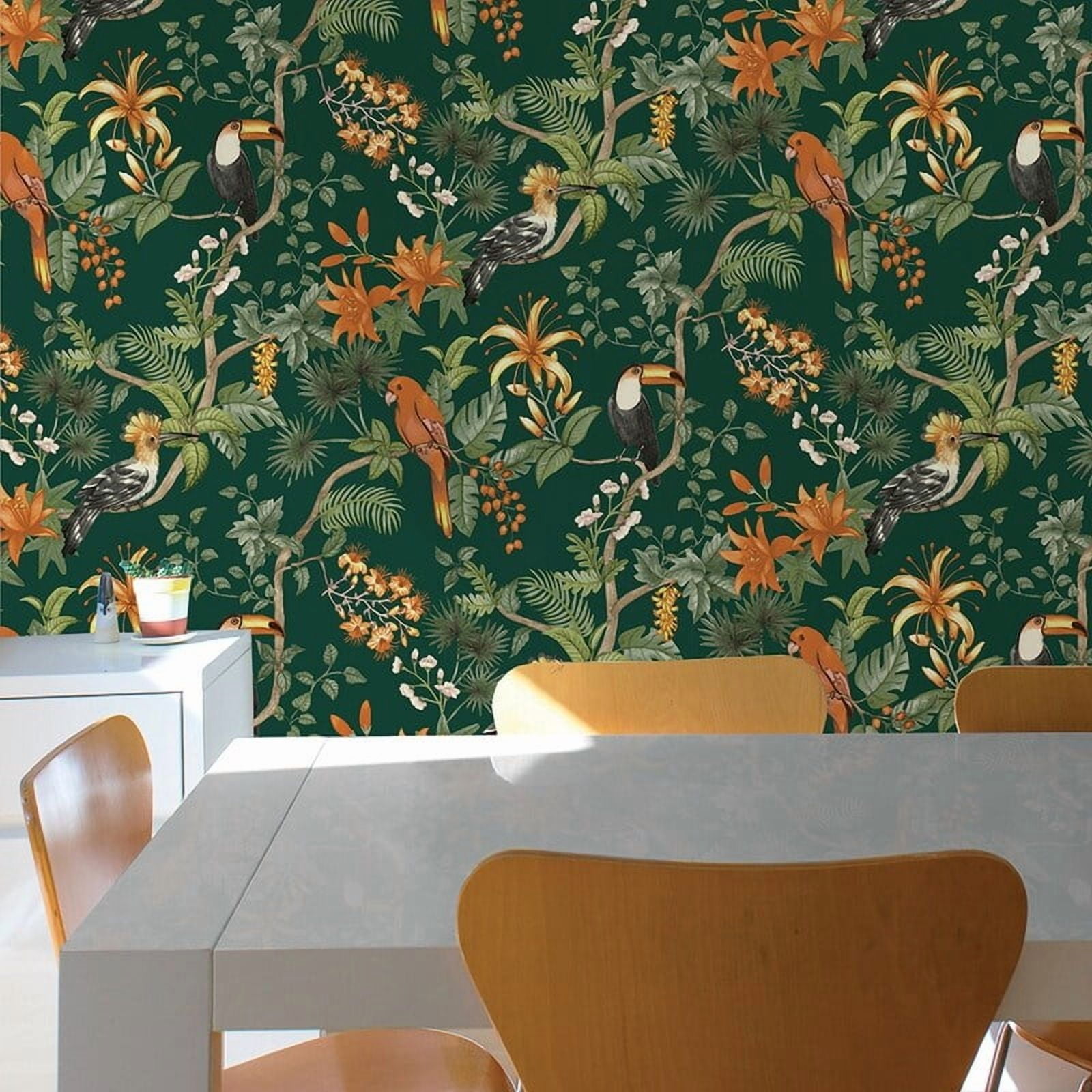 Tempaper Birds of Paradise Green Tropical Peel and Stick Wallpaper, 20.5" x 16.5'