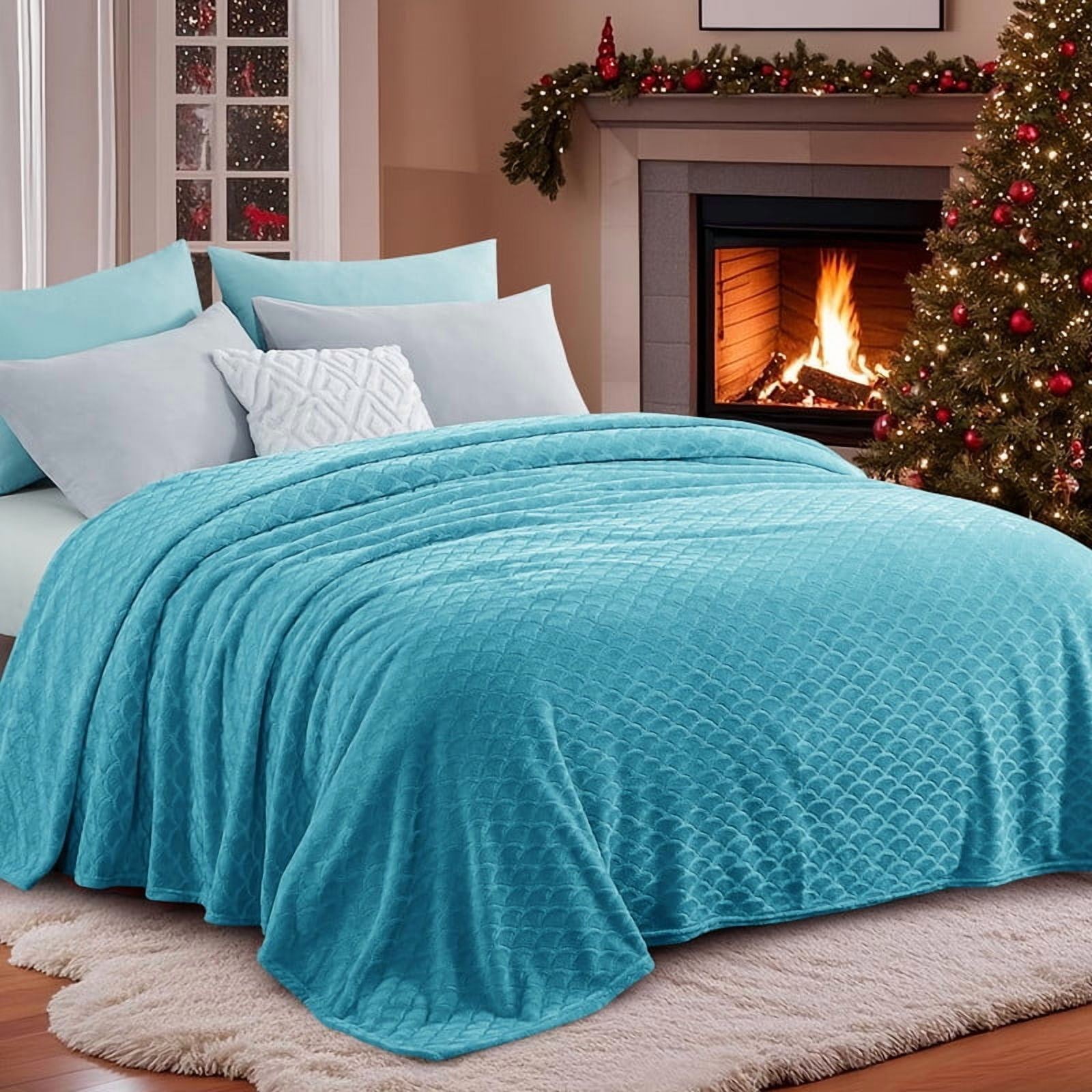 Aisbo Brushed Flannel Blanket Teal King, Super Soft and Cozy Blankets All Season Use