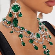 AliExpress Hot-Selling Vintage Green Rhinestone Multi-Layer Necklace with Teardrop Pendant and Earrings Set Fashion Statement Jewelry