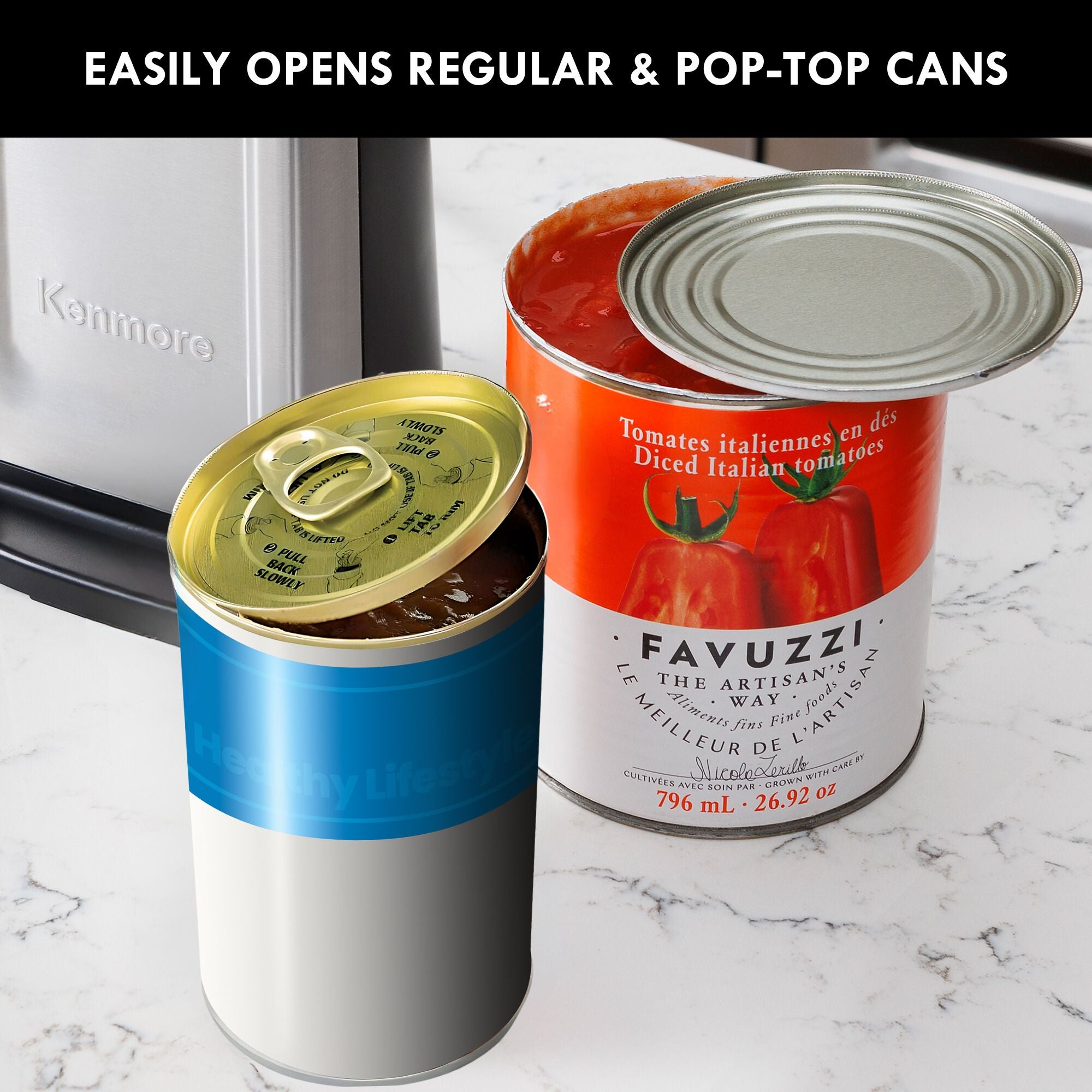 Kenmore Smooth Edge Electric Automatic Can Opener, Smooth-Touch Side-Cut Blade, Extra-Tall Can Opener, Easy Operation, Opens Regular And Pop-Top Cans, Prevents Sharp Edges, Black & Stainless Steel