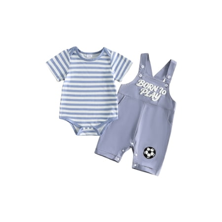 BemeyourBBs Newborn Baby Boys Golf Football Game Day Outfit Infant Baby Boy Spring Summer Fall Clothes Striped Short Sleeve Romper and Letter Ball Embroidery Overalls Shorts Set