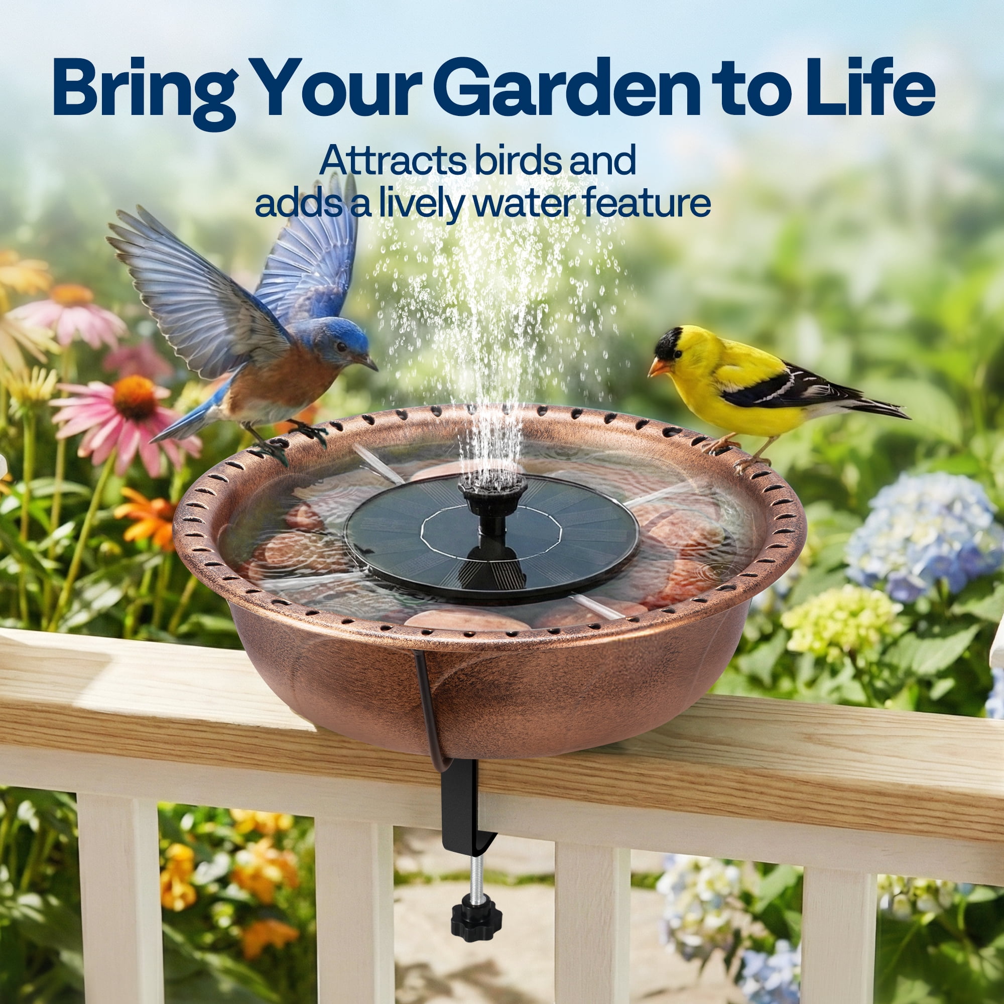 SPECSTAR Deck Mounted Bird Bath with Solar Fountain, Outdoor ABS Birdbath Bowl with Adjustable Metal Clamp, Solar Powered Pump for Railing, Fence, Balcony, 1.45 Gallons, Bronze