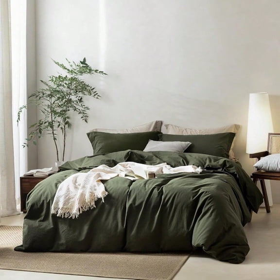 Linen Feel Olive Green Duvet Cover Queen Size 90'' L X 90'' W 100 Washed Cotton Duvet Cover With Zipper Closure Plus 2 Pillowcases Cozy And Breathable