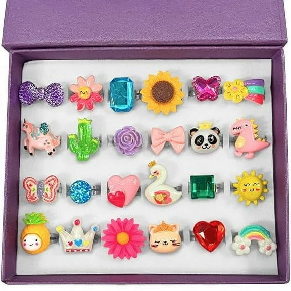 Jewel Rings for Kids, Set of 24 Adjustable Dress Up Rings for Girls, Pretend Play Jewelry for Little Girls In Purple Gift Box, Unique and No Duplicates - Great Birthday Gift for Girls Ages 3 4 5 6 7 8