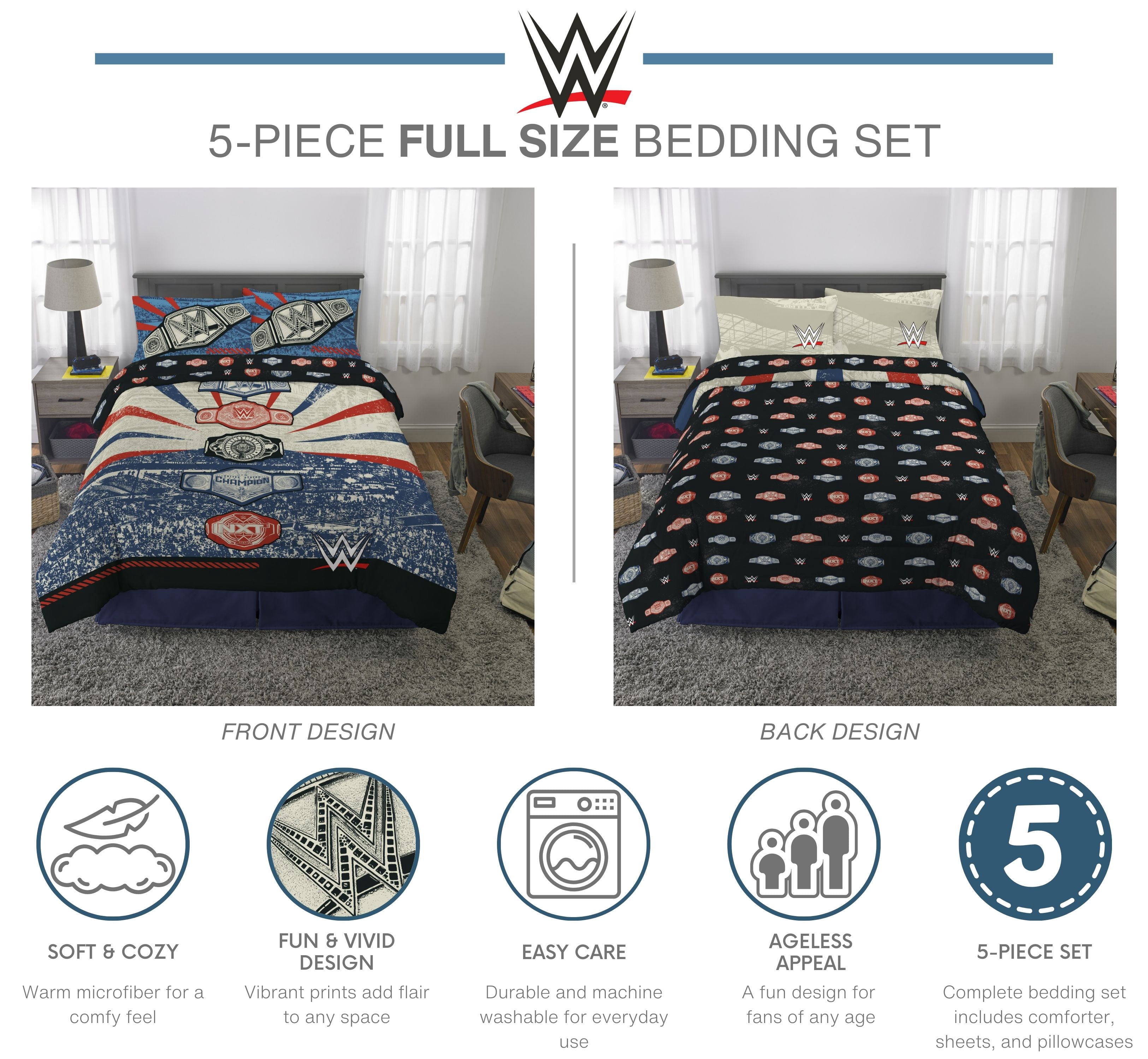 WWE Kids Full Bed in a Bag, 5Pc Bedding Set, Comforter and Sheets
