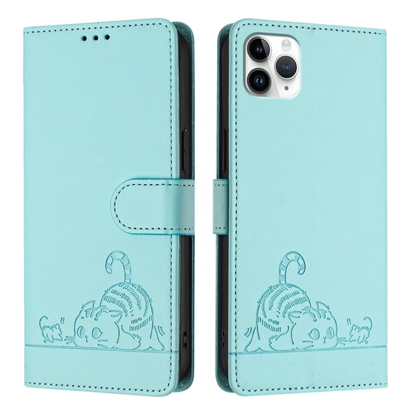 Phone Case for iPhone 11 Pro Max Wallet Case Cat Pattern PU Leather Case with [RFID Blocking] Card Slots Kickstand Shockproof Magnetic Flip Cover, Mint