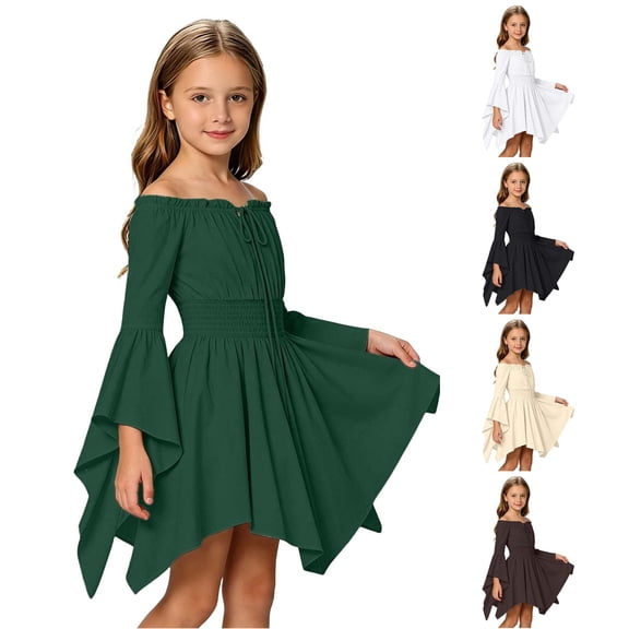 WhouRiu Girls Casual Dresses Solid Color Long Sleeve Off The Shoulder Ruffle Dress Kids Comfortable Cute Summer Sundress,10-11 Years