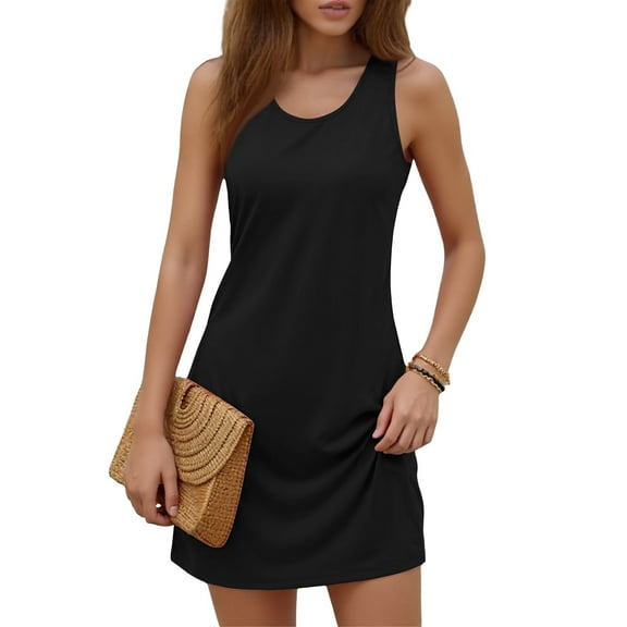 GIPQJK Summer Dresses for Women V Neck Soild Color Tank Dresses Casual Loose Fit Sleeveless Summer Dresses 2025 Basic Beach Vacation Clothes,Black XL