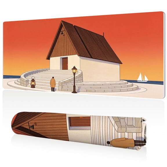 LIVEKEY XXL Mouse Pad Coastal Cottage Sunset Design 80x40cm Large Desk Mat Full Coverage Durable Easy to Clean Non Slip Base with Stitched Edges for Gaming and Office Use