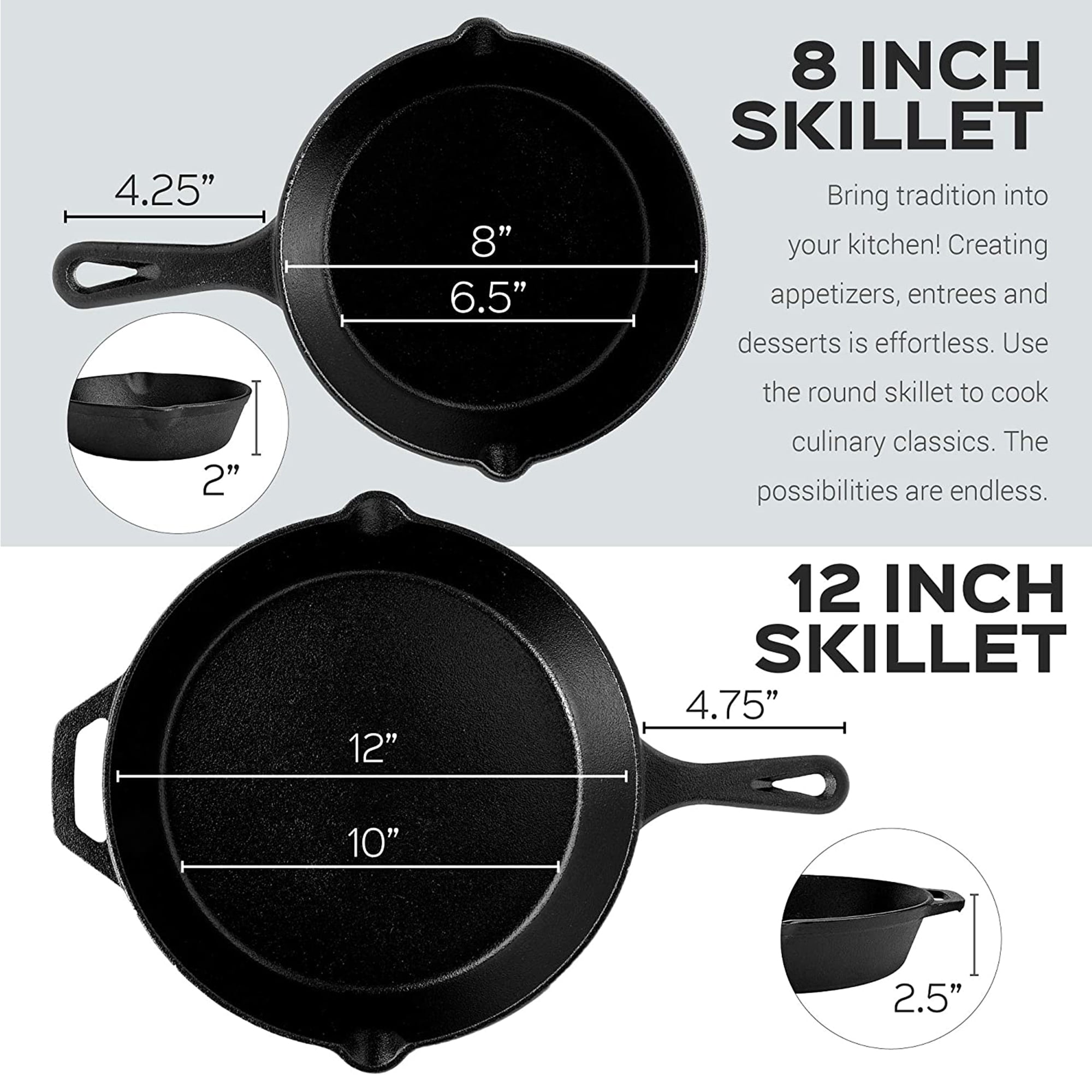 Cuisinel cast iron cookware 6-pc set - 10+12 skillet + glass lids +