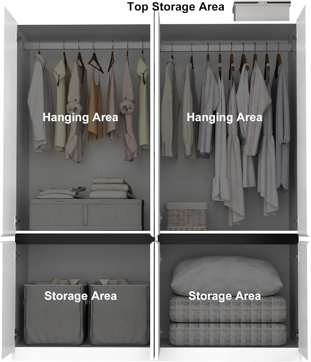VINFORM Modern Mirrored Armoire Closet for Bedroom, 4 Door Wardrobe with Hanging Rods, White