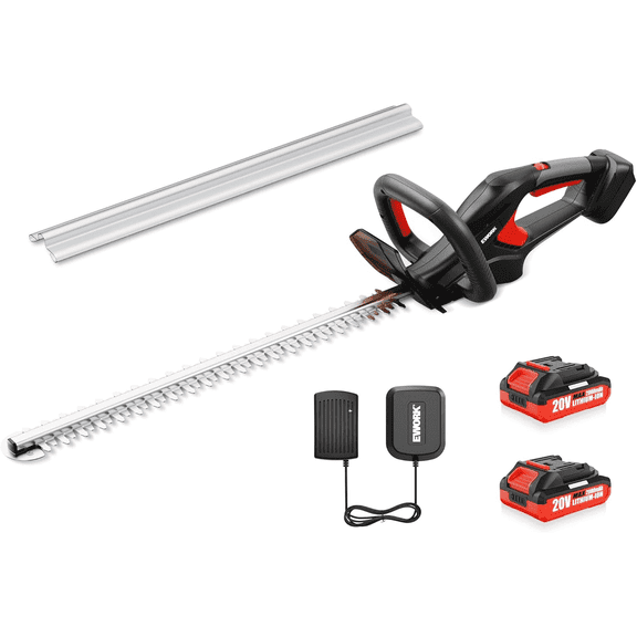 EWORK 22-Inch Cordless Hedge Trimmer, 20V Battery Powered Bush Trimmer, Lightweight Handheld Shrub Trimmer with 2 Batteries and Charger, 5/8-Inch Cutting Capacity for Garden, Yard (Red)