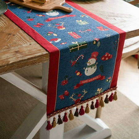 

Nvzi-a Christmas Table Runner 102 Inches Long with Embroidered Christmas Trees Pattern Linen Farmhouse Christmas Decorations Indoor Home Party Decor Blue