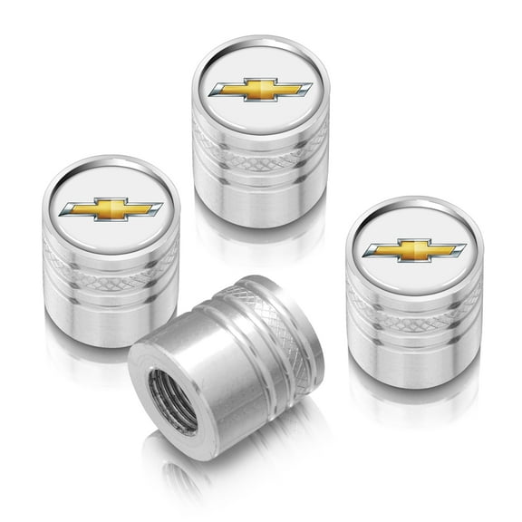 iPick Image for Chevrolet Golden Logo in White on Shining Silver Aluminum Cylinder-Style Tire Valve Stem Caps, Official Licensed