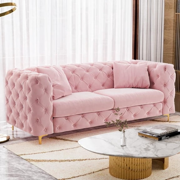 Wiilayok 75" Velvet Upholstered Tufted Sofa,Modern 3 Seater Sofa Couch with Gold Legs Deat Seat Chesterfield Sofa Couch for Living Room,Pink