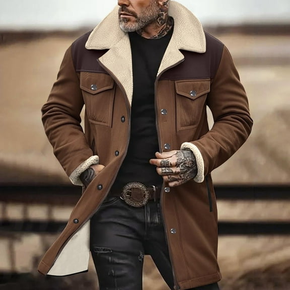 LEKWK Suede Jacket Men Western Jackets Vintage Cowboy Reversed Collar Outdoor Long Coat Zip Up Casual Winter Motorcycle Jackets