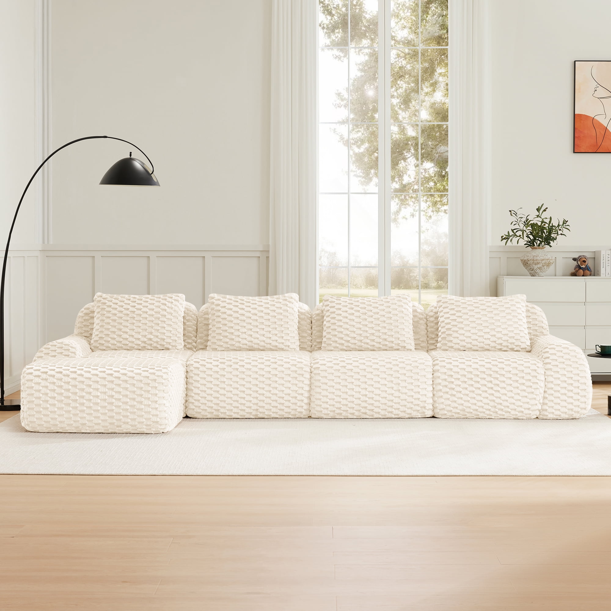 MAYEERTY 146" L-Shaped Modular Sofa, Textured Flannelette, Movable Ottoman, Pet-Friendly, No Assembly, Cream