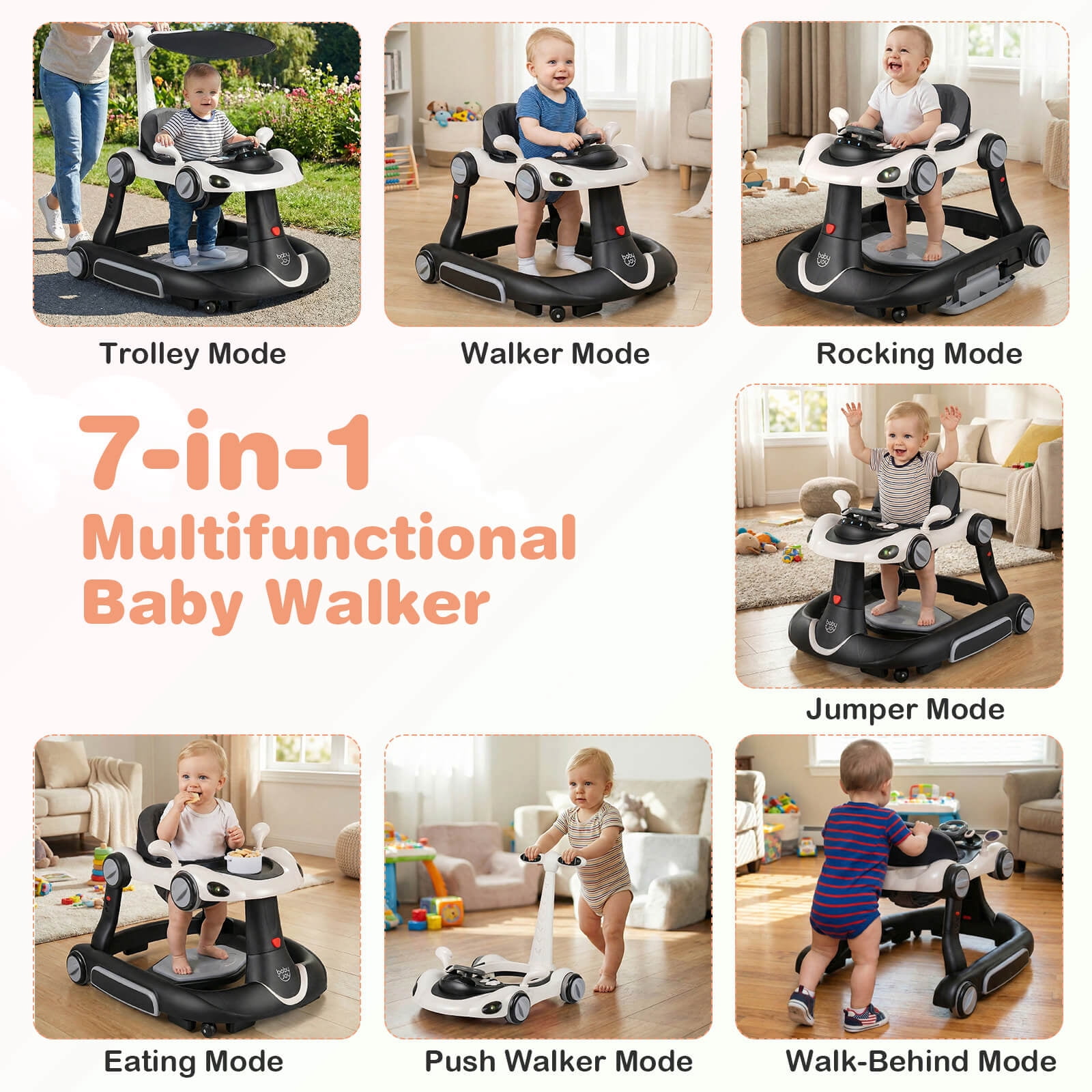 Babyjoy 6-in-1 Baby Walker with Canopy, Music, Lights, Speed/Height Adjustment & Wheels White + Black