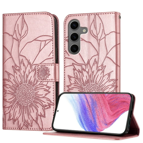 ELEHOLD Case for Samsung Galaxy S25 , Sunflower Embossed Leather Wallet Case with Magnetic Closure & Kickstand,Rosegold