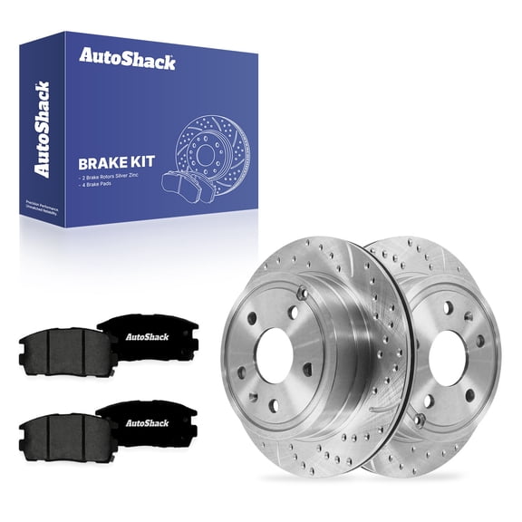 AutoShack Rear Vented Drilled & Slotted Silver Zinc Coated Brake Rotors   Premium Ceramic Pads 6-PC Brake Kit Replacement for 2010-2017 Chevrolet Equinox SilverShield Pro 11.93" (302.9 mm)